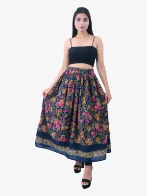 Navy Blue Floral Printed Cotton Skirt Product Image 1