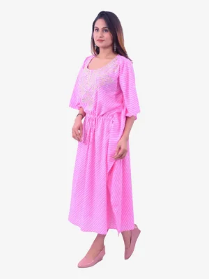 Baby Pink Leheriya Cotton Kaftan with Hand Embroidery product image 1