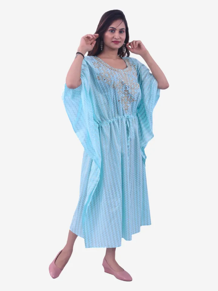 Light Blue Leheriya Cotton Kaftan with Golden Hand Embroidery product image 1
