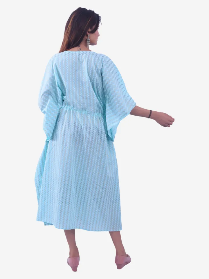 Light Blue Leheriya Cotton Kaftan with Golden Hand Embroidery product image 2