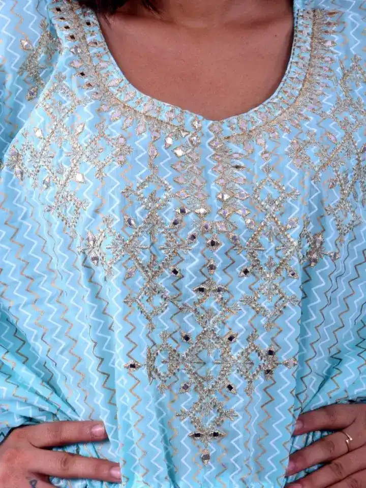 Light Blue Leheriya Cotton Kaftan with Golden Hand Embroidery product image 3