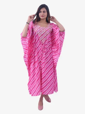 White Pink Leheriya Cotton Kaftan with Hand Embroidery Product Image 1