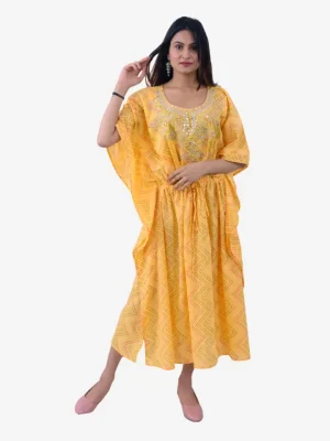 Yellow Leheriya Cotton Kaftan with Hand Embroidery Product Image 1